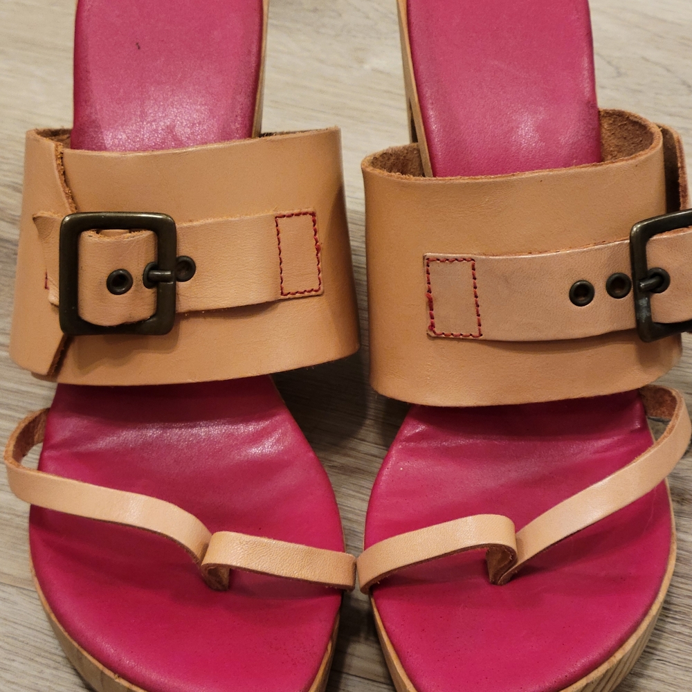 Rare Wood & Leather Sandal. Women’s Red and Tan Slide Sandals with Buckle Strap